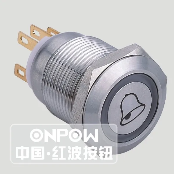 

ONPOW 19mm stainless steel momentary ring illuminated push button switch with door bell symbolLAS1GQ-11E/G/12V/S-bell