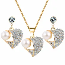 Fashion Heart Imitation Pearl Jewelry sets Rhinestone Gold Chain Drop Necklace Earrings Set For Women Wedding Jewelry New vivilady fashion jewelry sets huge imitation pearl rhinestone necklace bangle earrings rings statement women vogue wedding gifts
