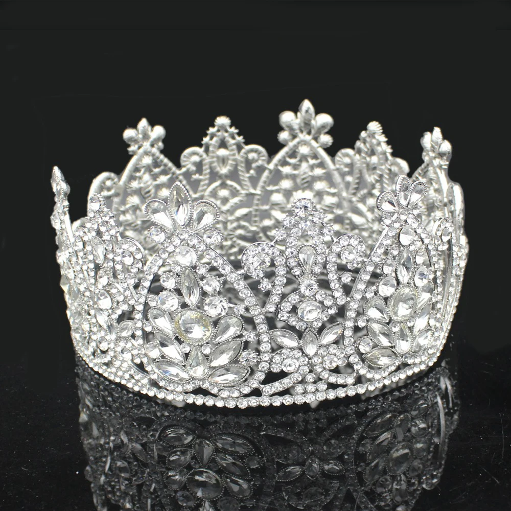 Sparkling Big Round Crystal Baroque Queen Crown King Bridal Pageant