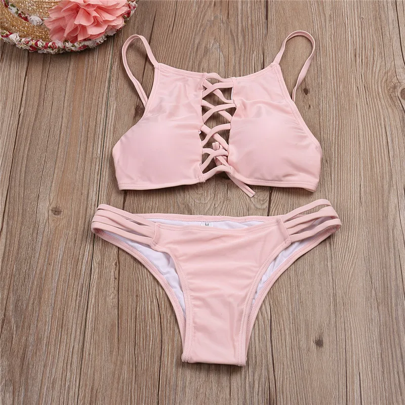 

Cute Bathing Suit Hollow Out Swimwear Women Bandage Bikini 2017 Solid Swimsuit Sexy Halter Bikinis Set Brazilian Bikini