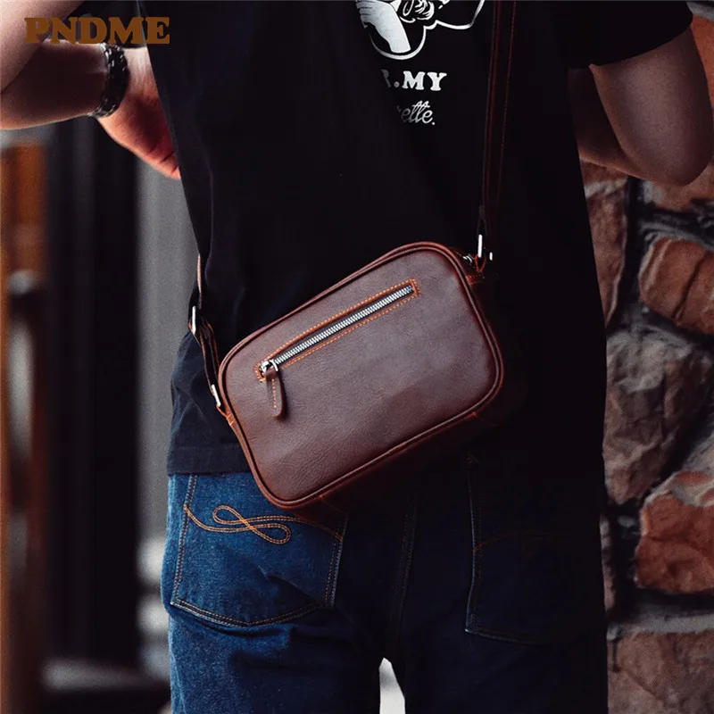 

PNDME summer retro simple genuine leather men's small shoulder bag outdoor casual handmade crazy horse cowhide messenger bags