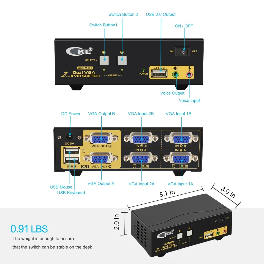 VGA KVM коммутатор 2 порта двойной монитор Расширенный дисплей, CKL USB KVM коммутатор VGA с аудио + 2 VGA выход 20481536 @ 450 Гц, монитор ПК