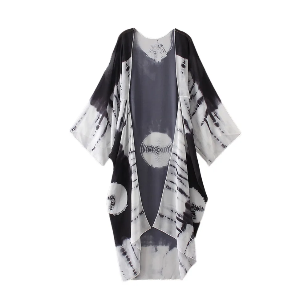 

2019 Summer Cardigan Women Chiffon Kimono Beach Bikini Cover Ups Contrast Print Long Blouses Loose Casual Tops female Tunics