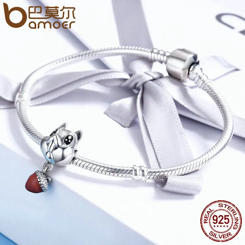 BAMOER Genuine 100% 925 Sterling Silver Squirrel & Hazelnut Animal Charm fit Girls Charm Bracelet Girls Jewelry Gift SCC326