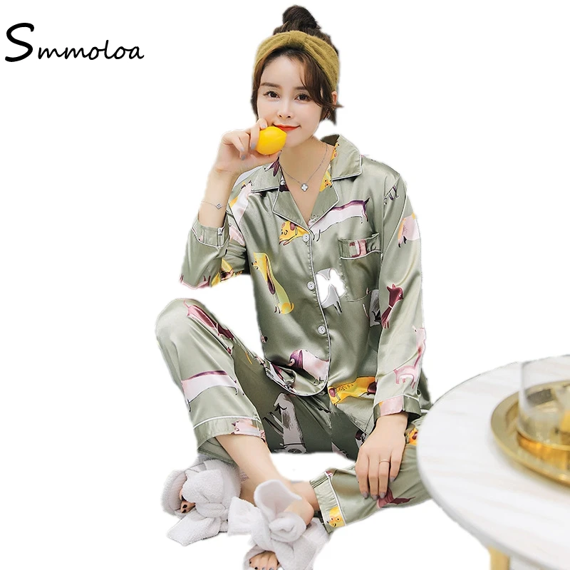 

Smmoloa Sexy Silk Pajamas Print Satin Home Wear Silk Pijamas Long Sleeve New