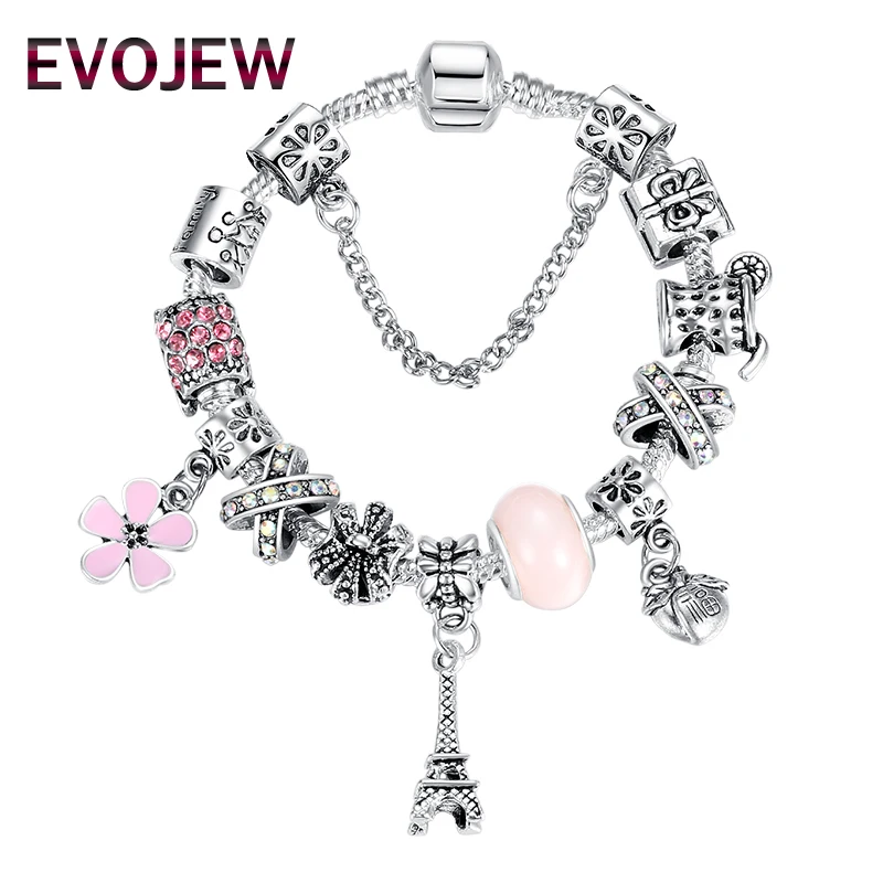 

Fashion Pink Enamel Daisy Flower Crystal Glass Charm Bracelet Fit Original Snake Chain Silver Bracelet for Women Vintage Jewelry