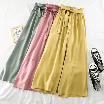 

2019 Summer Women Casual Solid Thin Soft Pants Wide Leg Drawstring Bowknot Urban Ankle-length Elastic Waist Joker Trousers