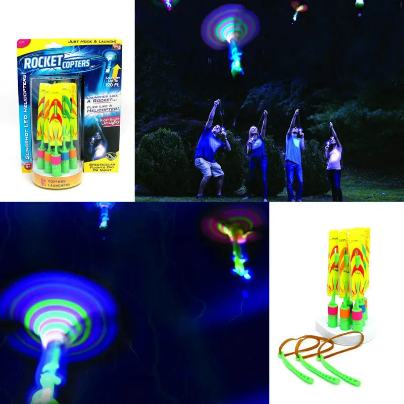 

Rocket Copter Mini Launcher Led Light Fluorescent Bamboo Shooter Slingshot Dragonfly Catapult Flying Arrow 6PCS Color Random Toy
