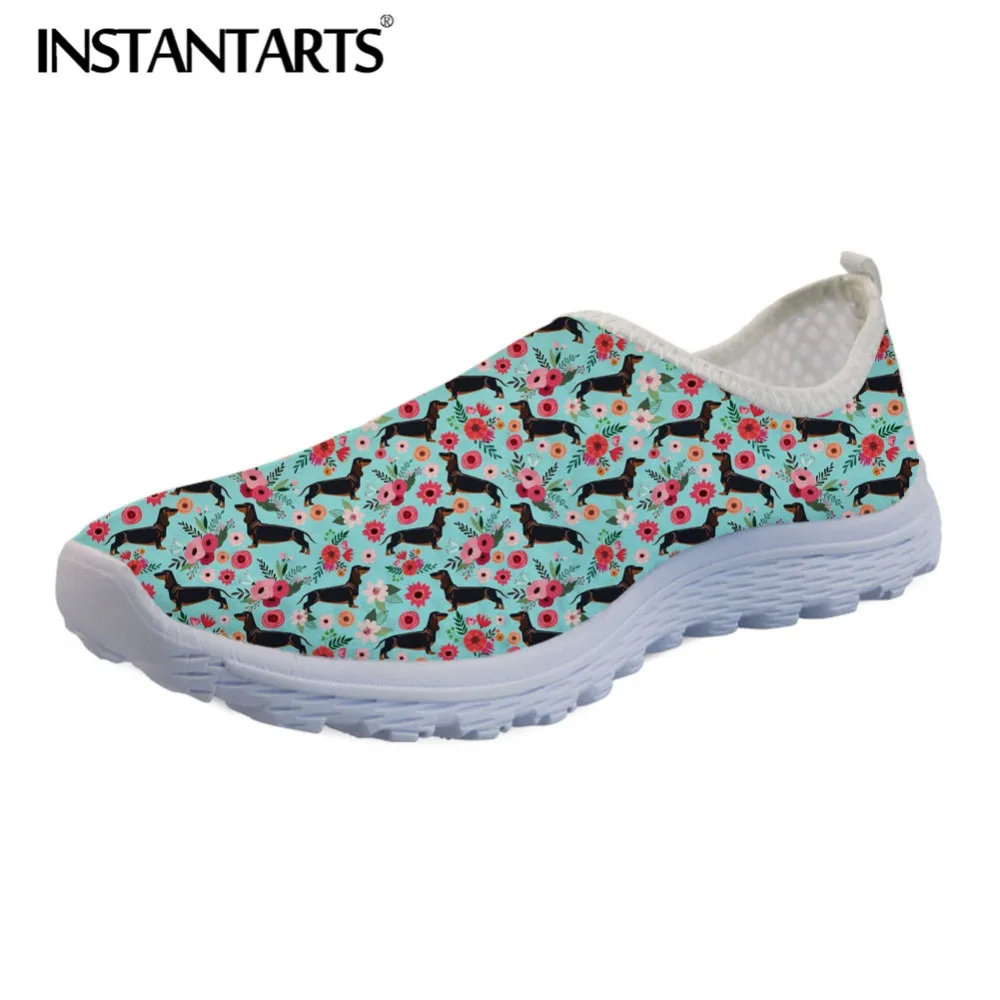 INSTANTARTS Fashion Women Slip-on Sneakers Shoes Female Beach Breathable Shoes Cute Black Dachshund Dog Flower Print Mesh Flats