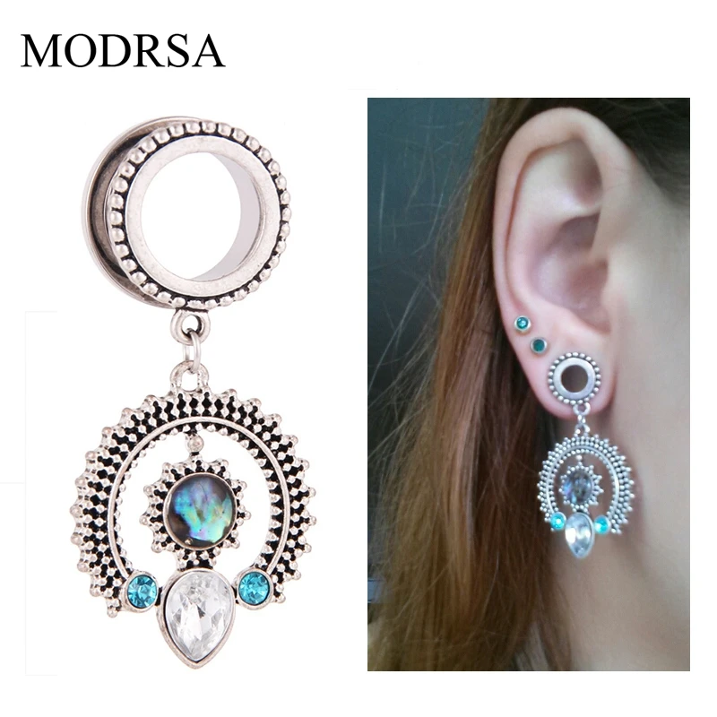 

MODRSA 1PC Helix Dangle Ear Plugs Piercing Round Crystal Ear Gauges Tunnels Earrings Stretchers Body Jewelry Stainless Steel