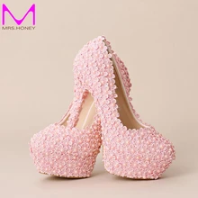 New Sweet Pink Lace Flower Wedding Shoes Handmade Festive Ultra High Heel Bridal Shoes Women Fashion Pumps Formal Dress Shoes