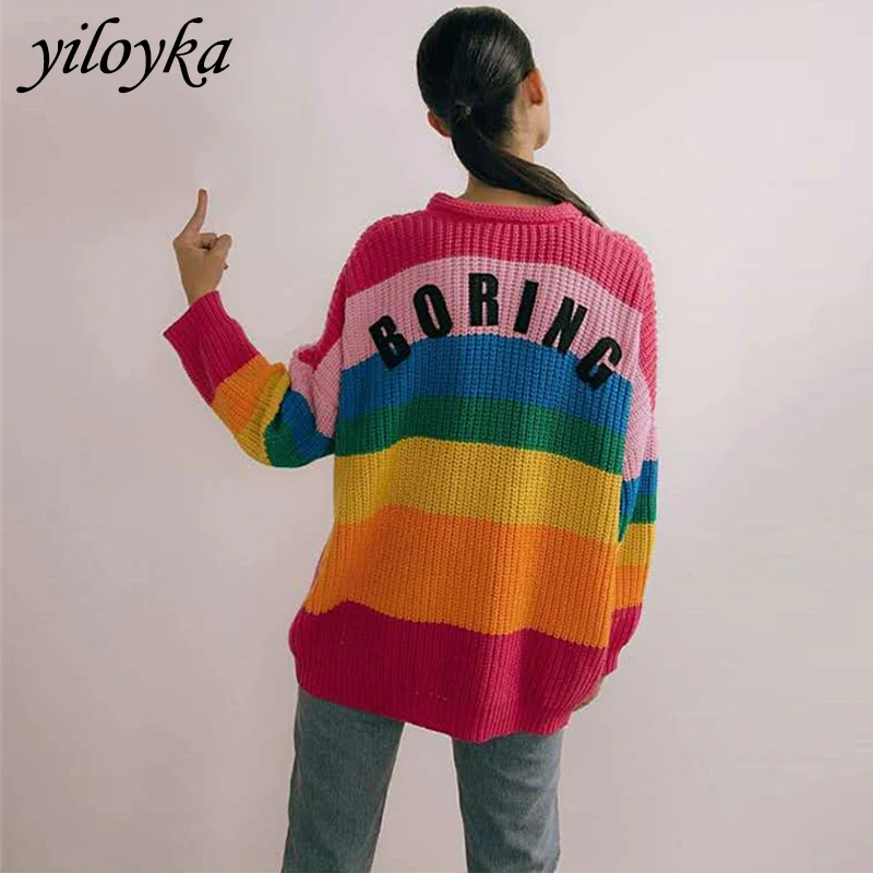 

Fashion Ladies Loose PU Letter Sweater Cardigan Women Striped Rainbow Knitting Oversized Sweater Boring Letter O-Neck Sweaters