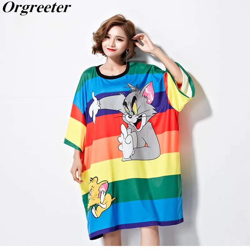 

Orgreeter Oversize Loose Women's T-shirt Rainbow stripes Patchwork O-neck Tops Cartoon Cat Print T-Shirt Short Sleeve Tops