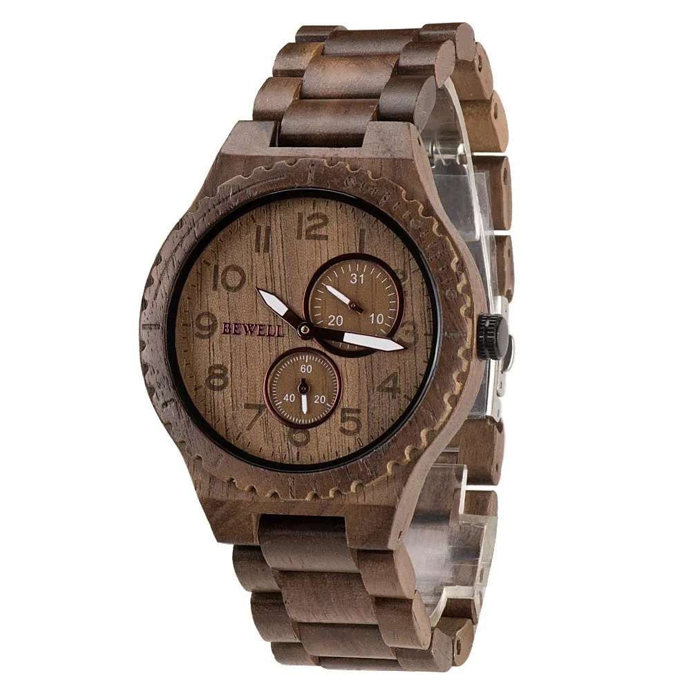 

BEWELL ZS-W154A Quartz Wood Watch Mens Watches Top Brand Luxury Date Luminous Vintage Men Stopwatch Timer Analog Wrist Watch