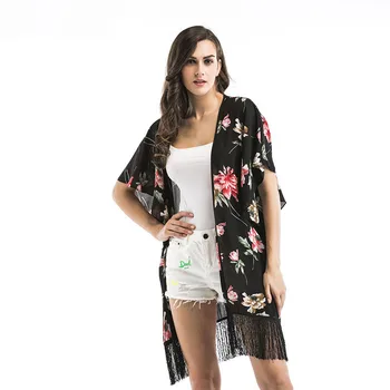 

Floral Print Chiffon Blouses Woman 2019 Beach Fashion Boho Vintage Street Wear Cardigan Tassel Black Shawl Rebajas Verano Mujer