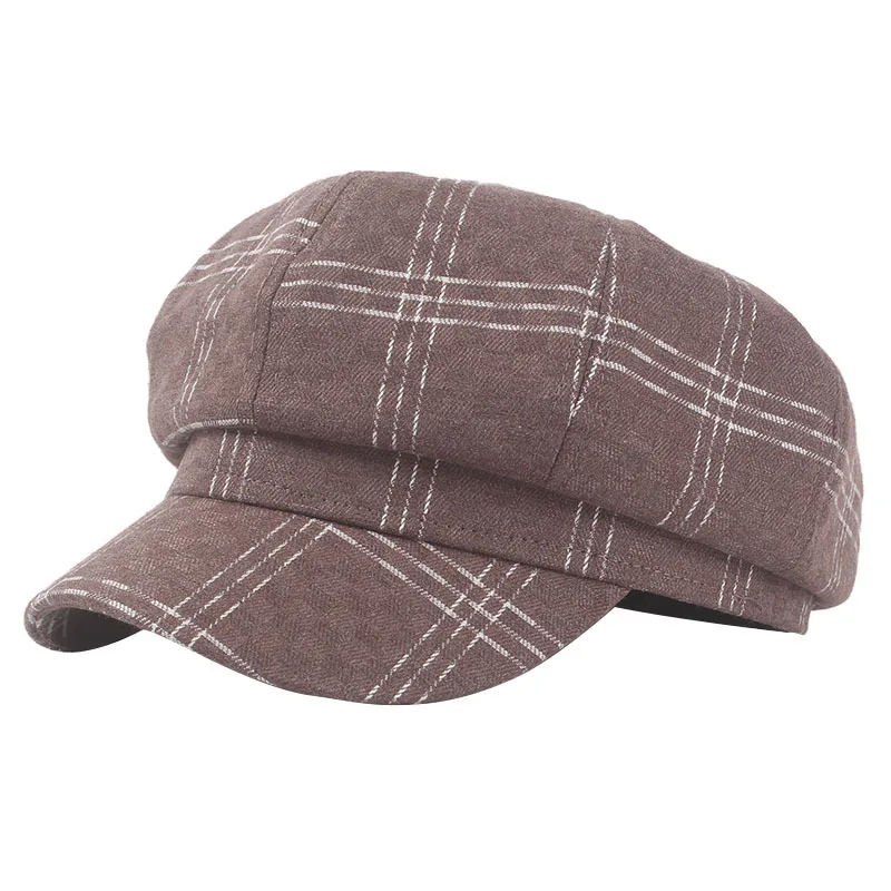 Осенне-зимний берет Femme Hat, белая шапка с решетчатой полоской, шапка с дизайном «Тыква», толстые береты в британском стиле, Chapeau - Цвет: brown