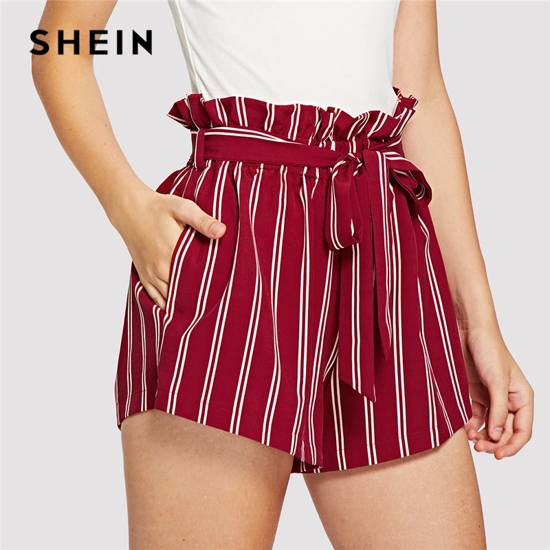 SHEIN Red Weekend Casual Belted Ruffle High Waist Striped Knot Shorts