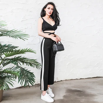 

2017 Summer Hot Sale White Stripe Wide Leg Pants Women Ankle-Length Slim High Rise One Size Fits All Knitted Elastic