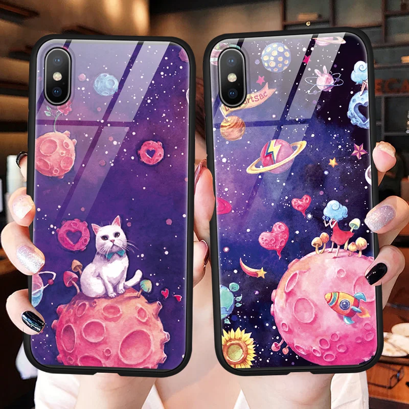 

Tempered Glass + TPU Case For Meizu 16 16X Cartoon Cute Back Cover For iPhone XS Max XR X 10 7 8 6 6S S Plus Cute Animals Coque