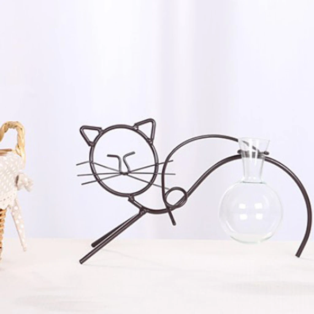 Glass Vase Cat Shape Hydroponic Container Terrarium With Metal Stand Flower Pots for home office house Decoration