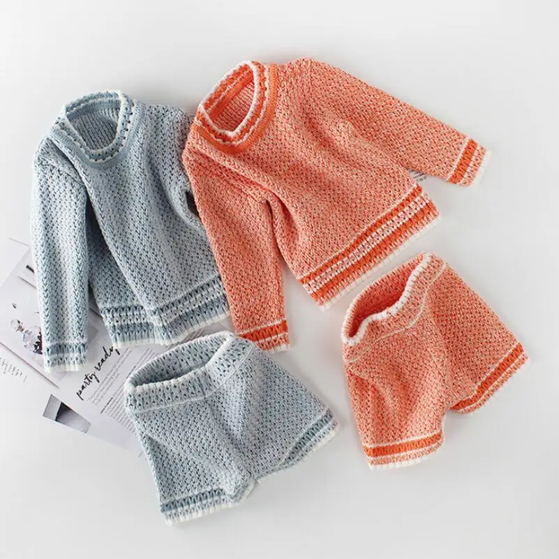 Хлопковые вязаные свитера хорошего качества комплекты одежды для девочек свитера с длинными рукавами для новорожденных, одежда+ шорты комплект из 2 предметов для малышей