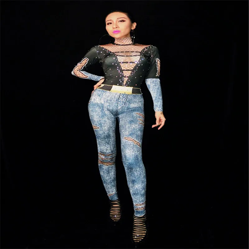 

D53 Ballroom dance Jeans women bodysuit sexy dj jumpsuit printed singer outfits Rhinestone stage costumes perform bar wear club