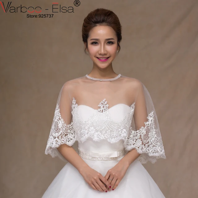 Reviews VARBOO_ELSA 2018 New Arrive Summer Wedding Lace Shawl Bridal Decoration Cape Cloak Lace Appliques Red White Shrug Wedding Cape
