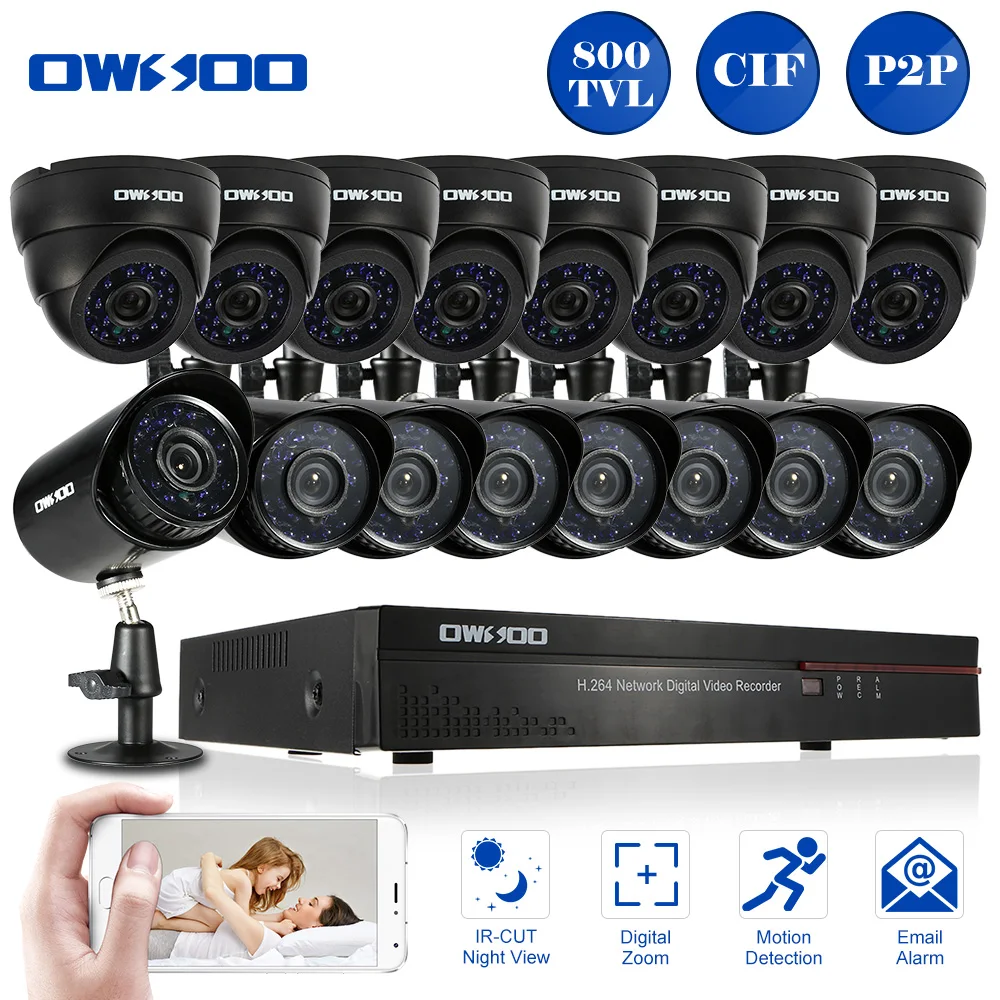 OWSOO 16CH DVR Full CIF 800TVL Outdoor Security Camera System HDMI P2P 8*Indoor IR Camera + 8*Waterproof Bullet CCTV Camera Set