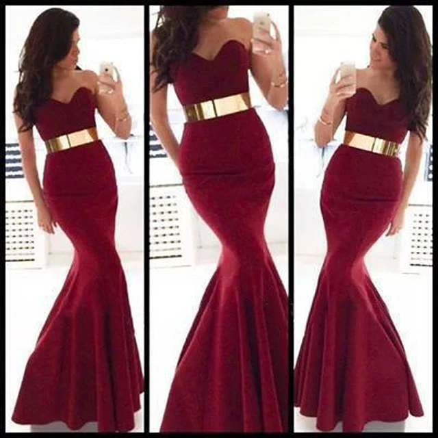 Special Price 2018 Sexy Sweetheart Burgundy Satin Long Mermaid Prom Sweep Train party gown With Gold Belt brides bridesmaid dresses Special Price 2018 Sexy Sweetheart Burgundy Satin Long Mermaid Prom Sweep Train party gown With Gold Belt brides bridesmaid dresses
