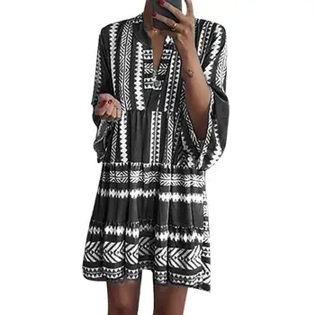 

Size Fashion Summer Beach Party Women Geometric Striped V -section Longarm Lady Casual Lose Mini Dress Summer Dress Vestidos