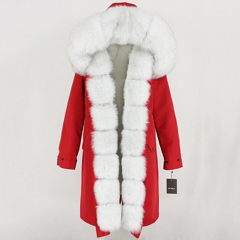 red white OFTBUY, водонепроницаемое пальто с натуральным мехом, удлиненная парка, зимняя куртка для женщин, Воротник из натурального Лисьего меха, капюшон, Толстая теплая верхняя одежда, съемная, Новинка - Цвет: red white