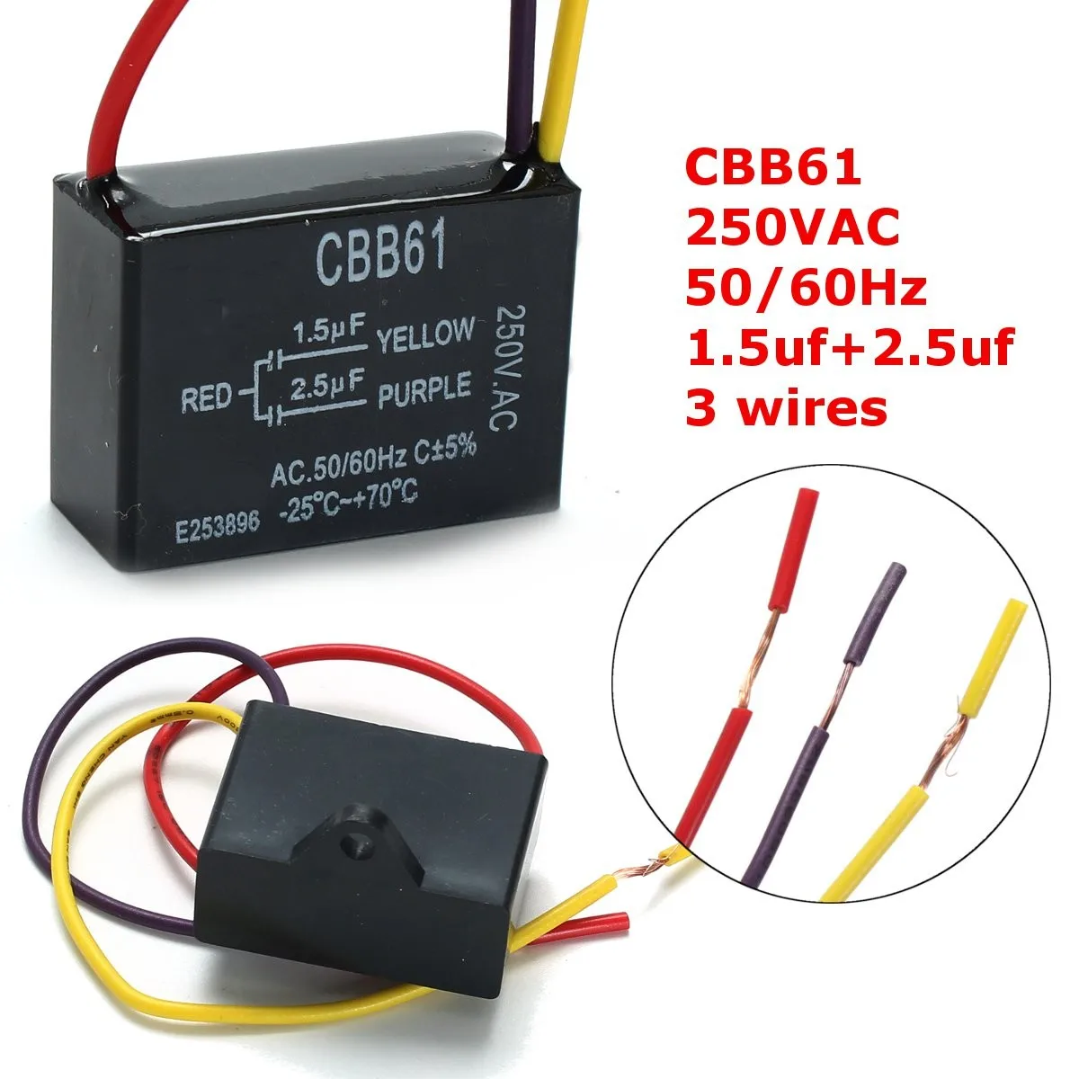 1pc Black Fan Capacitor CBB61 1.5uF+2.5uF 3 Wires AC 250V 50/60Hz