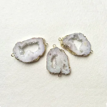 

10pcs Natural Gold color Agat e geode Slice Connector Double Bail Quartz Drusy DIY Making Bracelet necklace Jewelry CT53
