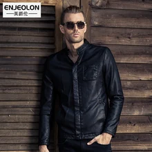 Marca Jaquetas de Couro Da Motocicleta PU Homens Enjeolon, inverno Roupas da moda, botão voar gola Casual Masculino preto Casacos P237