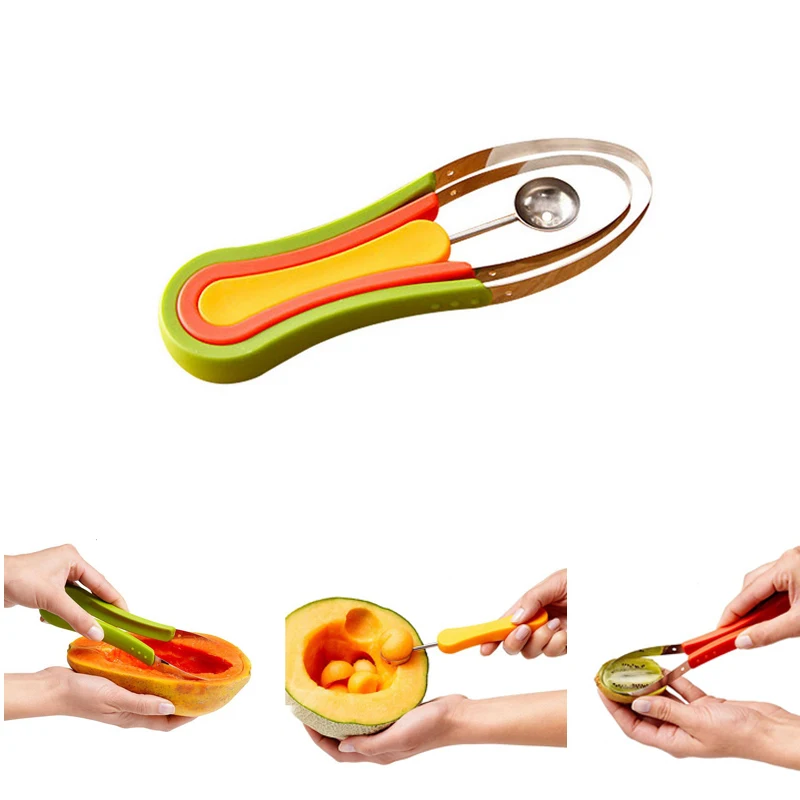

New 3 In 1 Stainless Steel Melon Cutter Baller Fruit Scoop Watermelon Slicer Kitchen Accessories Creative Gadgets