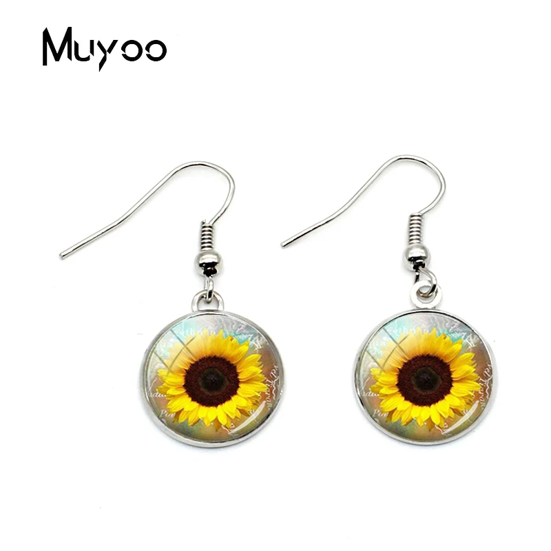 

New Vintage Sunflowers Fish Hook Earrings Yellow Sunflower Jewelry Yellow Flower Glass Dome Earrings for Girls Women Gifts