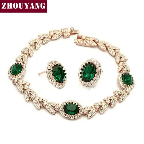 ZHOUYANG ZYS068 Noble Green Crystal Rose Gold Color font b Jewelry b font Bracelet Earring Set