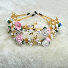 Nueva Llegada Barroco Diadema Hairband Colorido Flores Pelo de La perla de Oro Chapado Hairwear para Las Mujeres joyería de la novia
