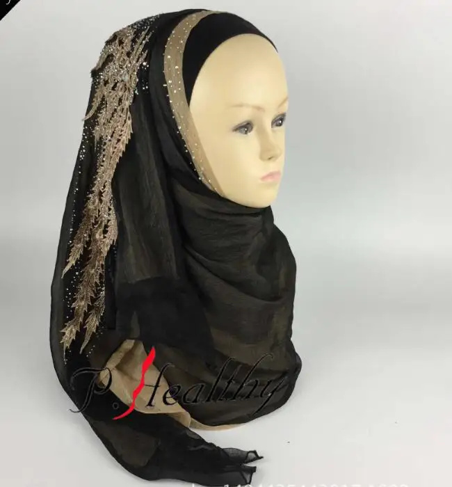 Великолепный вышитый Алмазный Свадебный хиджаб мусульманский шарф шаль ислам женский платок двухслойный двухцветный хиджаб для невесты - Цвет: 13 black