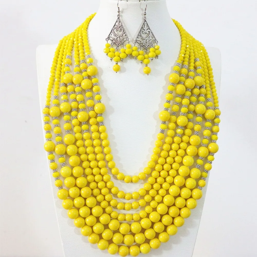 

Charms yellow lemon 7 rows necklace earrings round shell simulated-pearl crystal ababcus beads handmade jewelry set B1297