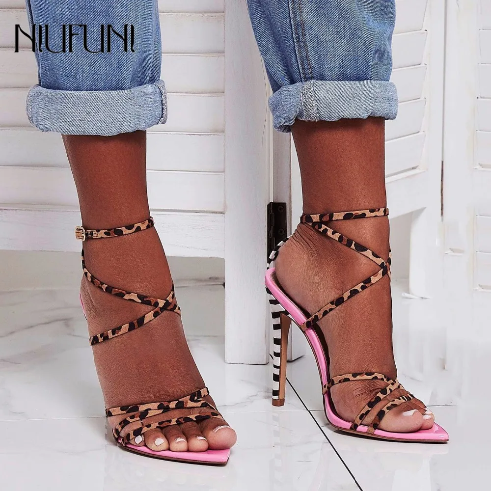 

Women Stiletto Sandals Cross Strappy High Heels 11.5 CM Open Toe Bridal Party Shoes Sexy Ladies Leopard Yellow Pink Shoes Pumps
