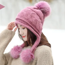 HT2121 женская зимняя шапка-ушанка, Толстая Теплая Флисовая вязанная шапка, женские помпоны Skullies Beanies, Женская лыжная шапка с кроличьим мехом