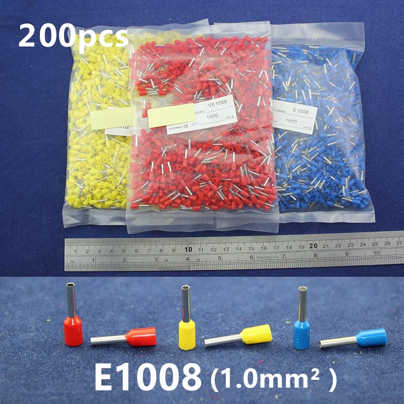 

200Pcs Cord End Copper Tube Connectors Insulated Cord Pin End Crimp Terminals Bootlace Ferrules E1008 for 20-18awg wire