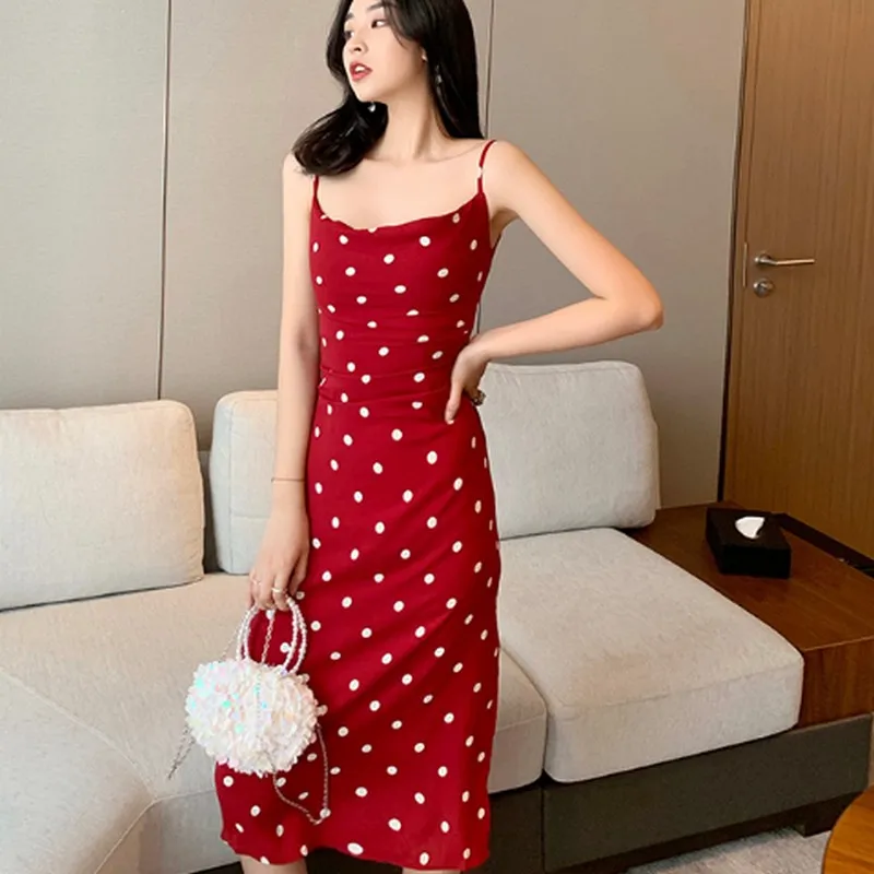 

Summer Retro Wave Point Sling Side Slit Dresses Women Sexy Off Shoulder Backless Mid-Calf Slim Red Dress Party Dresses Female