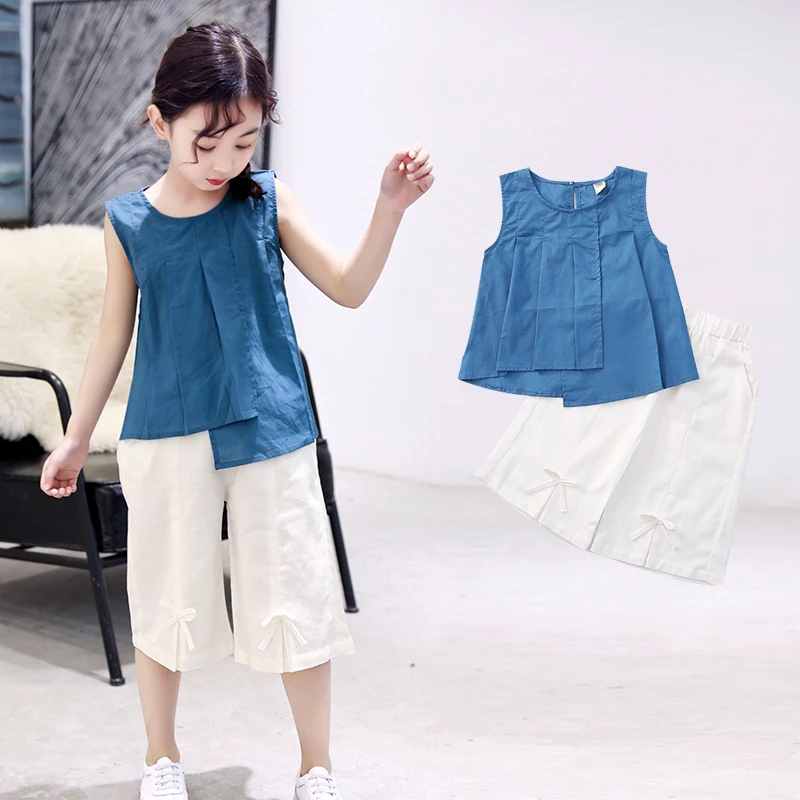 

Children Clothing Summer 2019 New Big Girls Solid Color Sleeveless Shirt Bow Pants Two Sets of Girls Casual Simple Teen Outfits