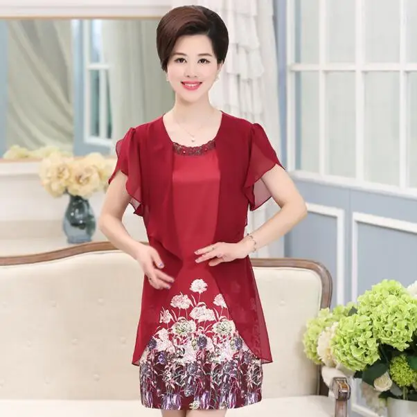 Dresses Fake Two Pieces Women 5XL 2019 New Elegant Summer Vestidos middle aged printing Chiffon party Dress DV465 Dresses Fake Two Pieces Women 5XL 2019 New Elegant Summer Vestidos middle aged printing Chiffon party Dress DV465
