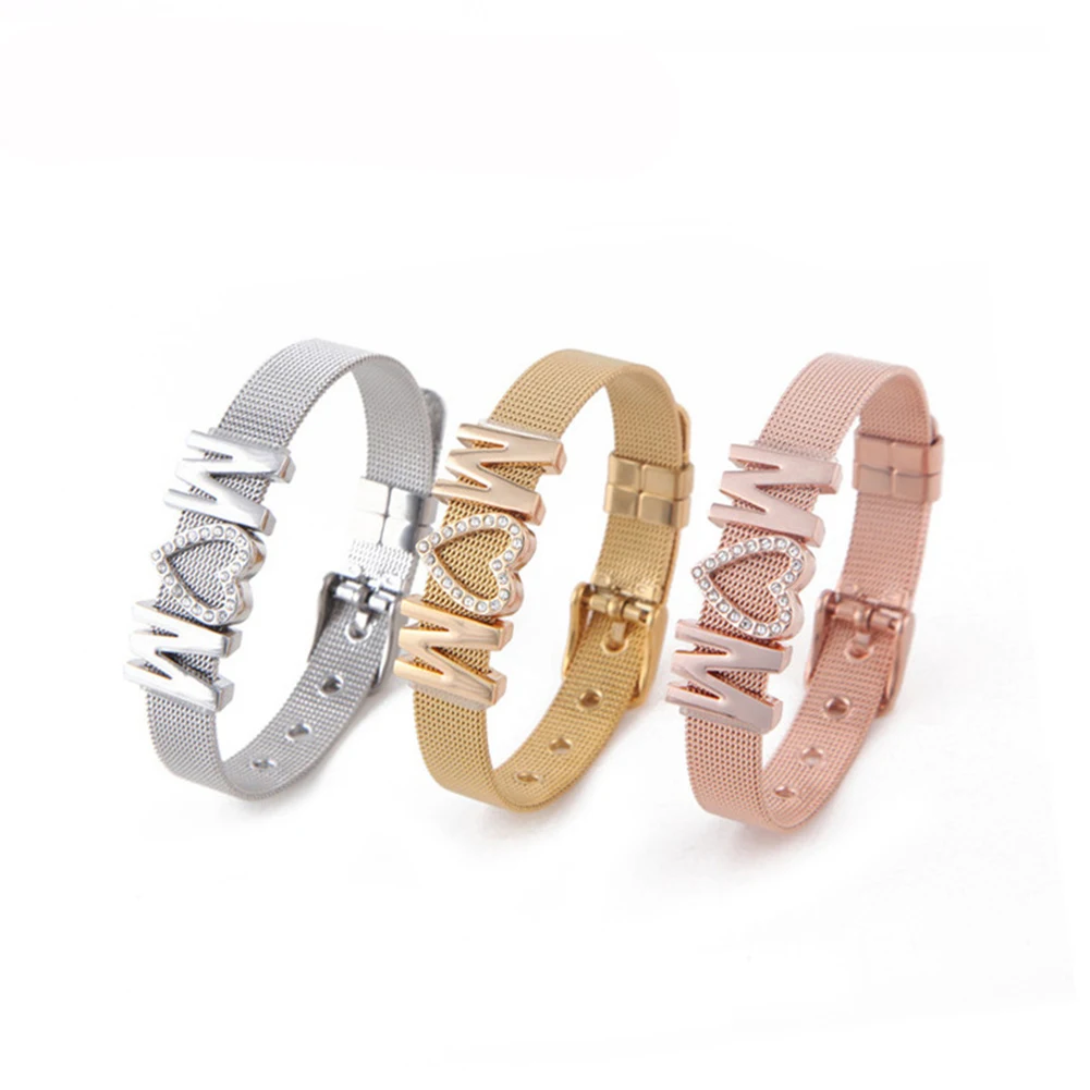 

Ladies Bangles Keeper Stainless Steel Mesh Keeper Bracelets Crystal Love MOM Heart Slide Charms Bracelets for Mothers Day Gifts