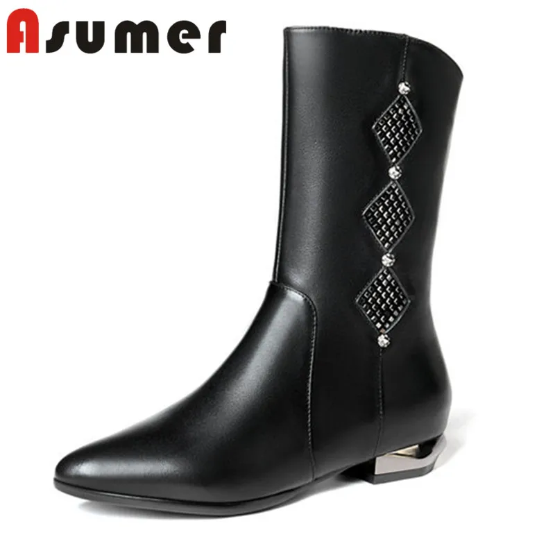 

ASUMER 2018 adult strange heels mid calf boots for women solid new crystal winter boots pointed toe daily genuine leather boots