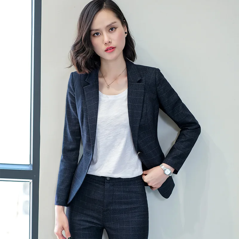2018 autumn and winter Business uniform Pant Suits Women 2 Piece suit set Long-sleeved Blazer and Pencil Pant Office Lady suits