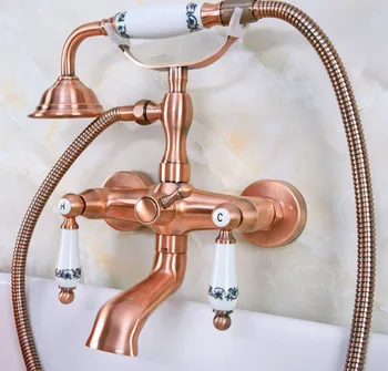 Antique Red Copper Brass Wall Mounted Bathroom Clawfoot Tub Faucet Mixer Tap Telephone Shower Head Dual Ceramic Handles ana329 wall mounted polished chrome round rain shower faucet tub mixer tap dual cross handles hand held shower head acy351